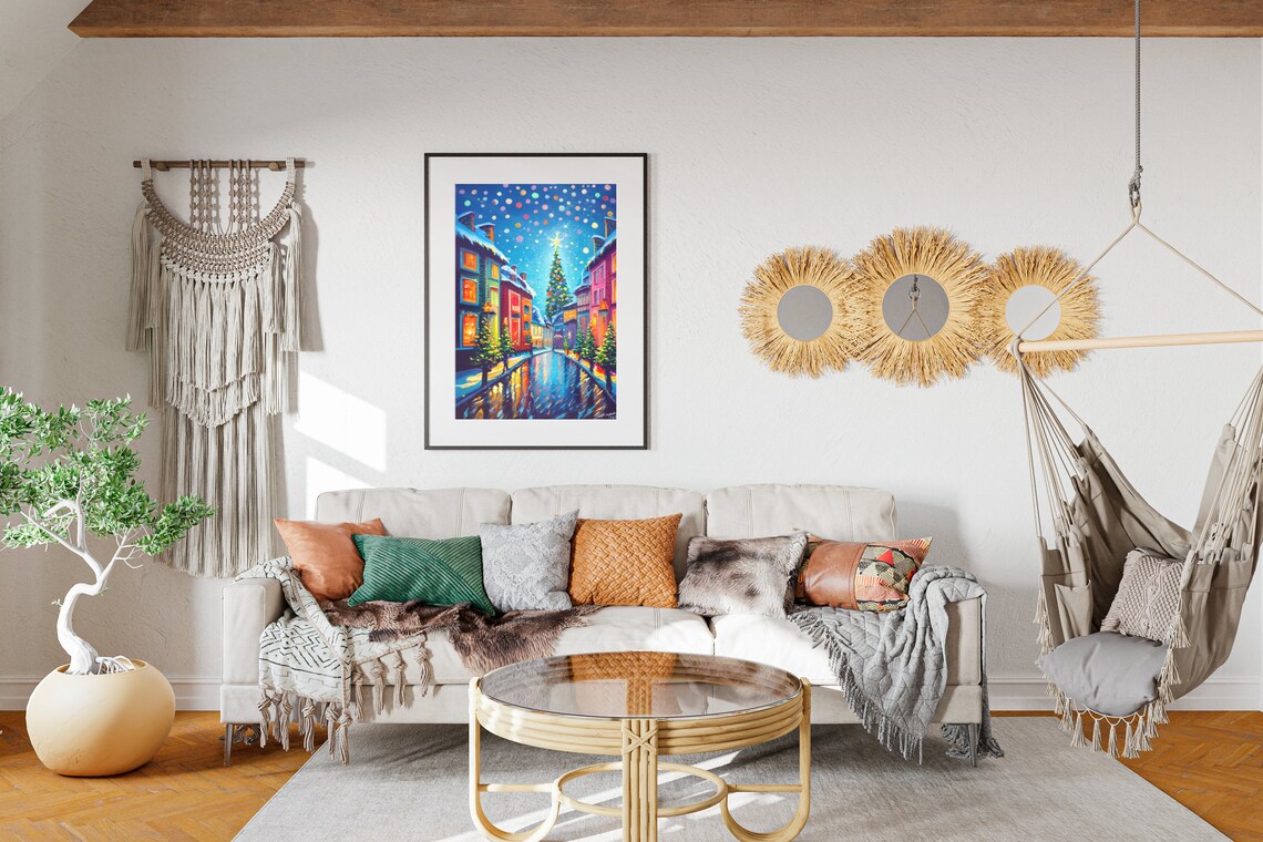 Colorful Christmas Town Snowy Street Tree Lights Holiday Poster - Image 2