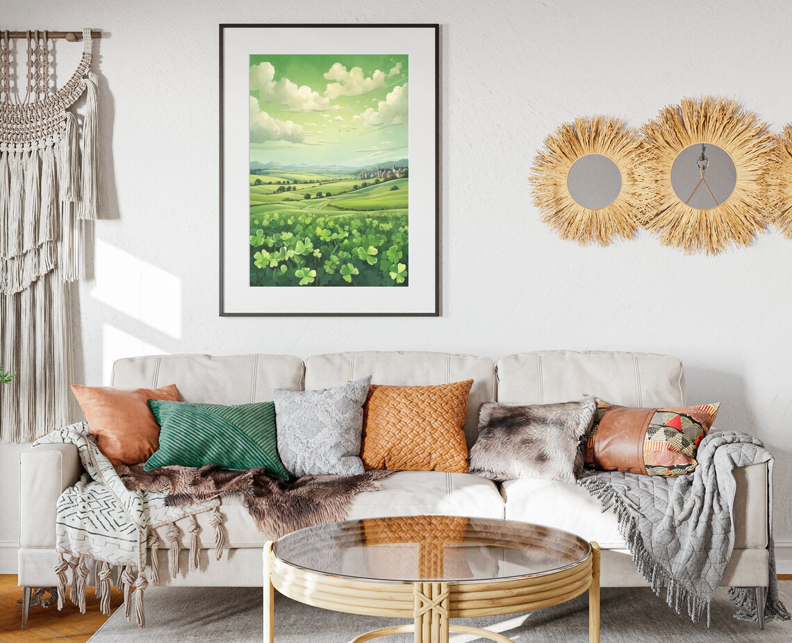 Ireland Emerald Countryside Shamrock Fields Rolling Hills Village Poster - Image 2