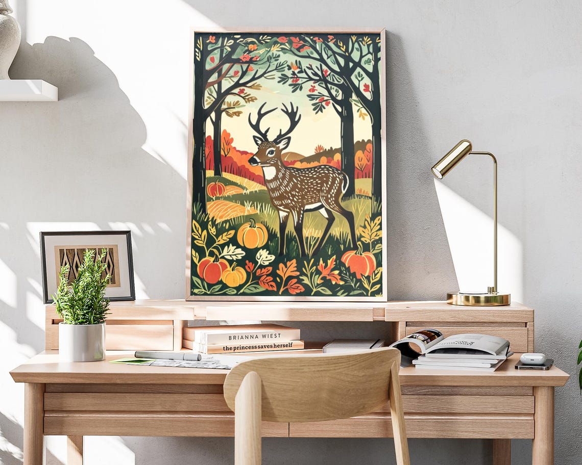 Spotted Deer Autumn Forest Pumpkins Harvest Woodcut Art Poster - Image 4