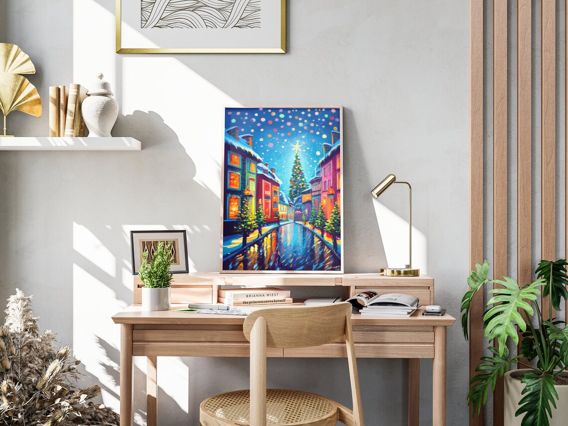 Colorful Christmas Town Snowy Street Tree Lights Holiday Poster - Image 4