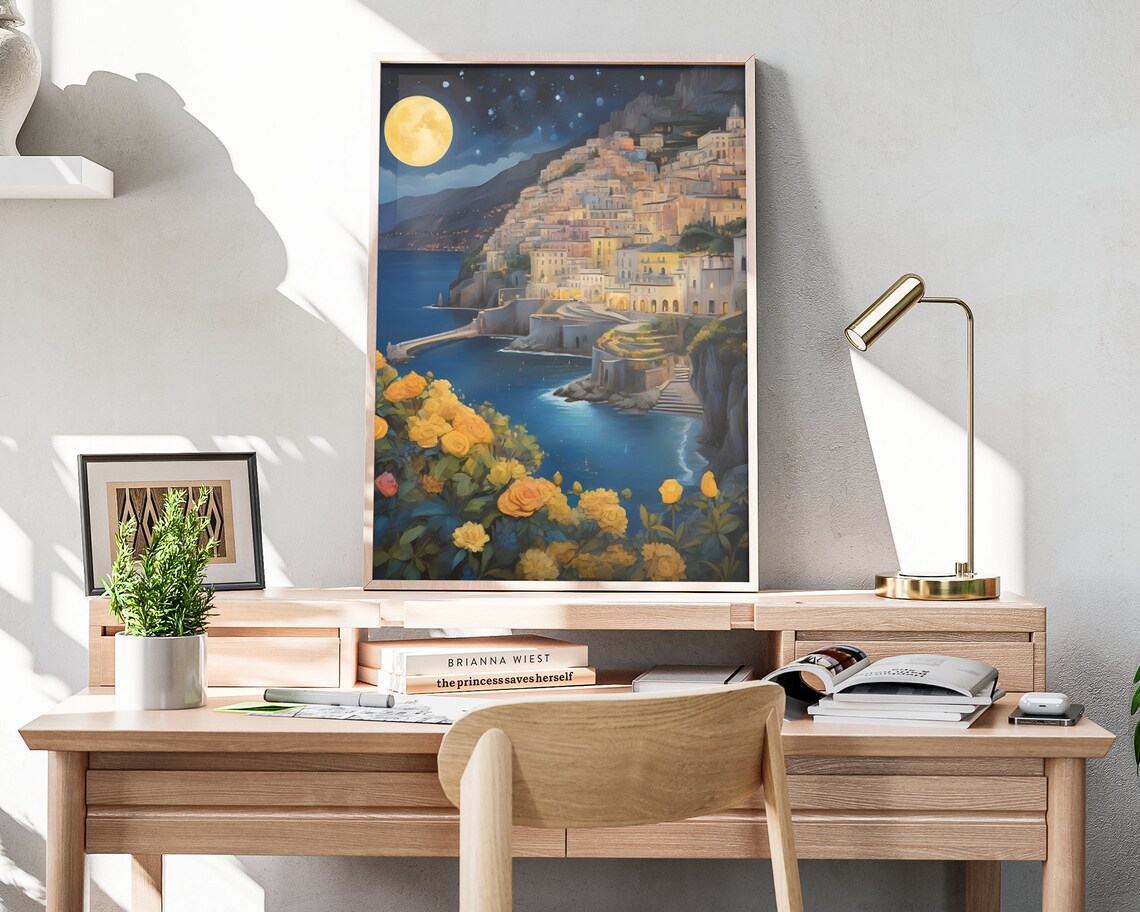 Italy Coastal Town Night Full Moon Yellow Roses Sea View Art Poster - Image 3