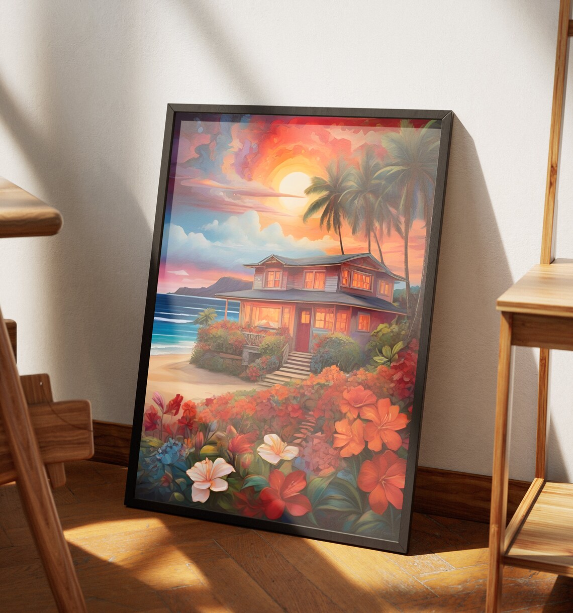 Hawaii Beach House Sunset Red Hibiscus Flowers Tropical Garden Poster - Image 4