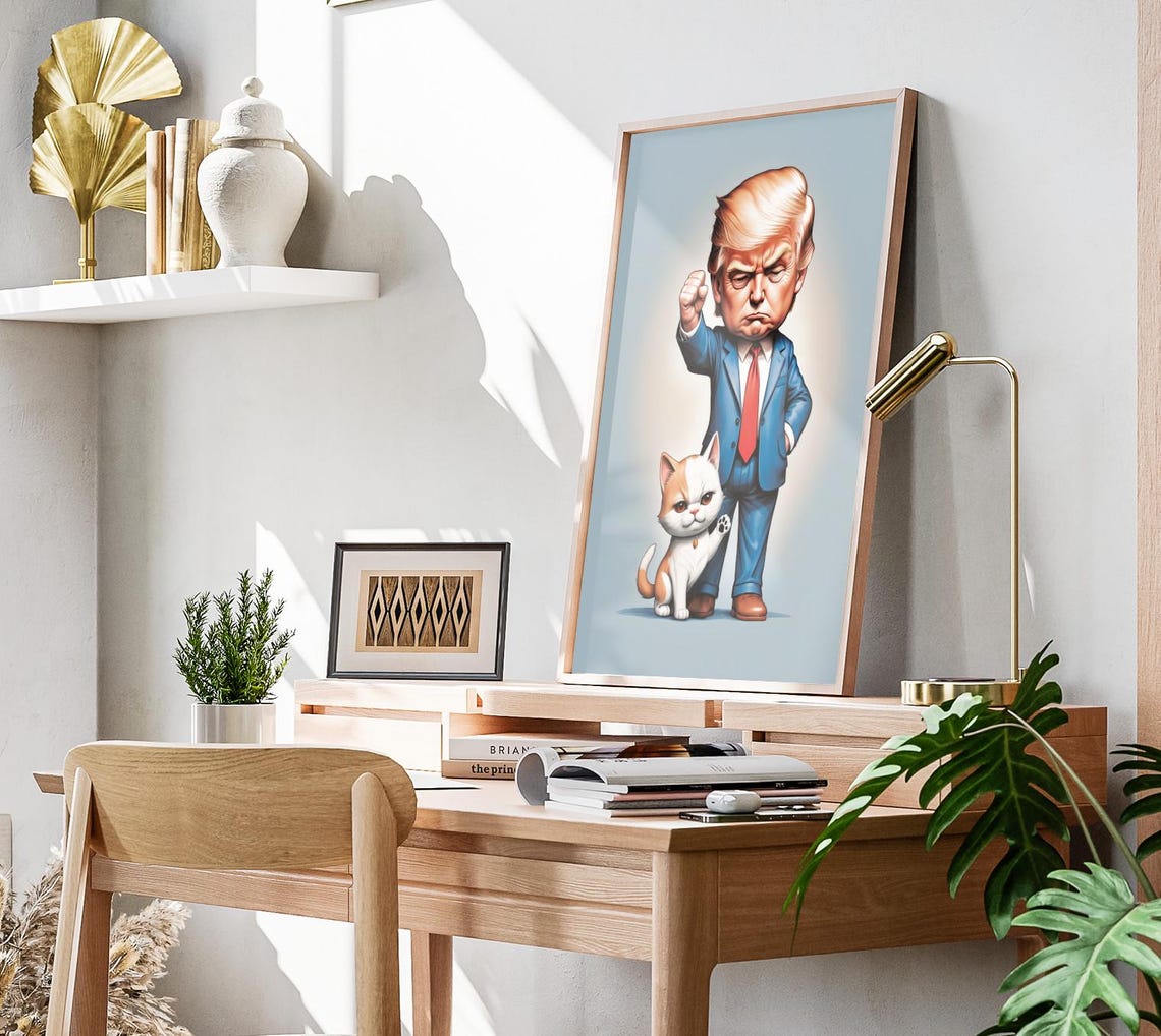 Donald Trump Cartoon Caricature With Cute Orange Cat Funny Art Print - Image 3