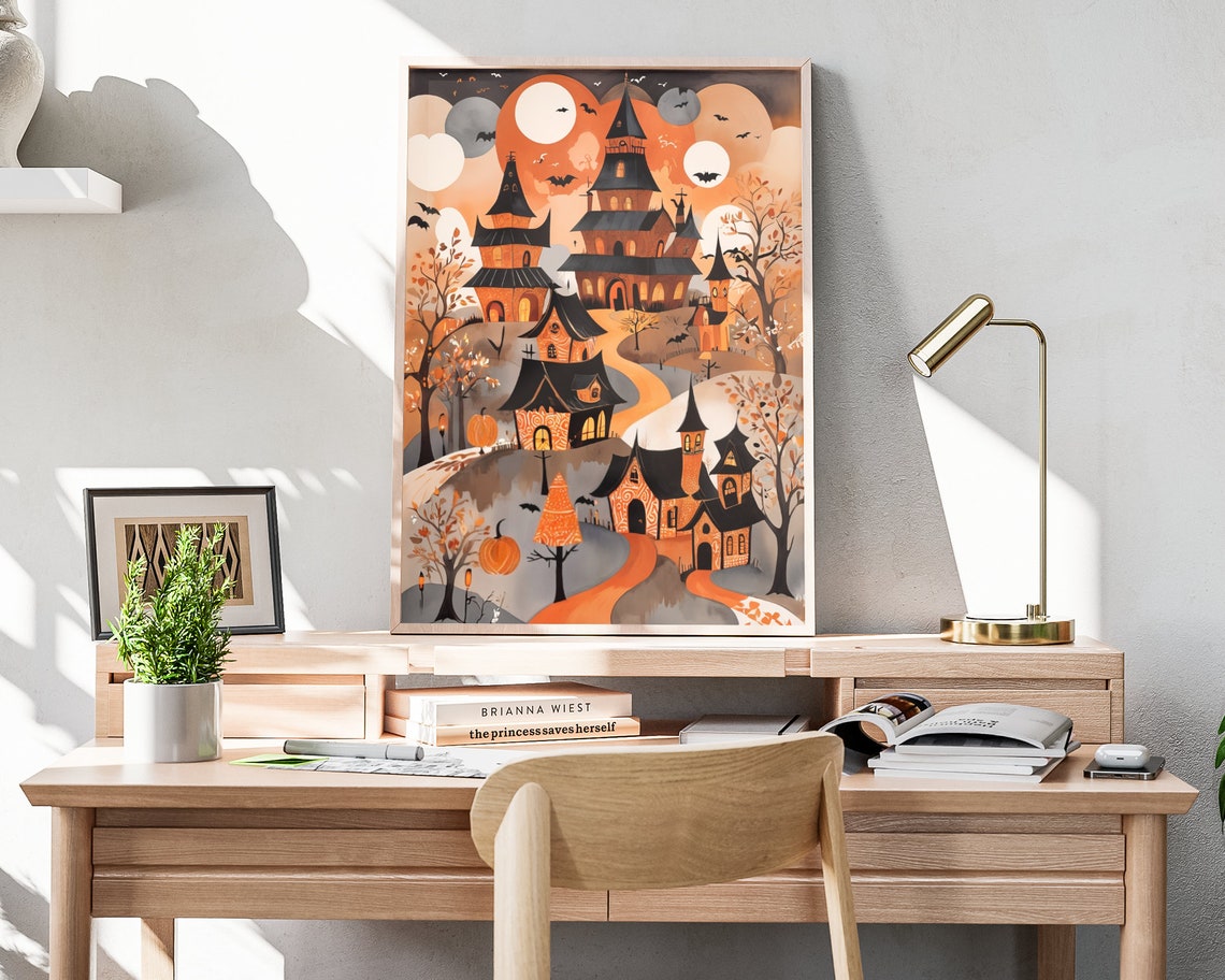 Abstract Halloween Town Crooked Houses Glowing Moons Bats Poster - Image 4