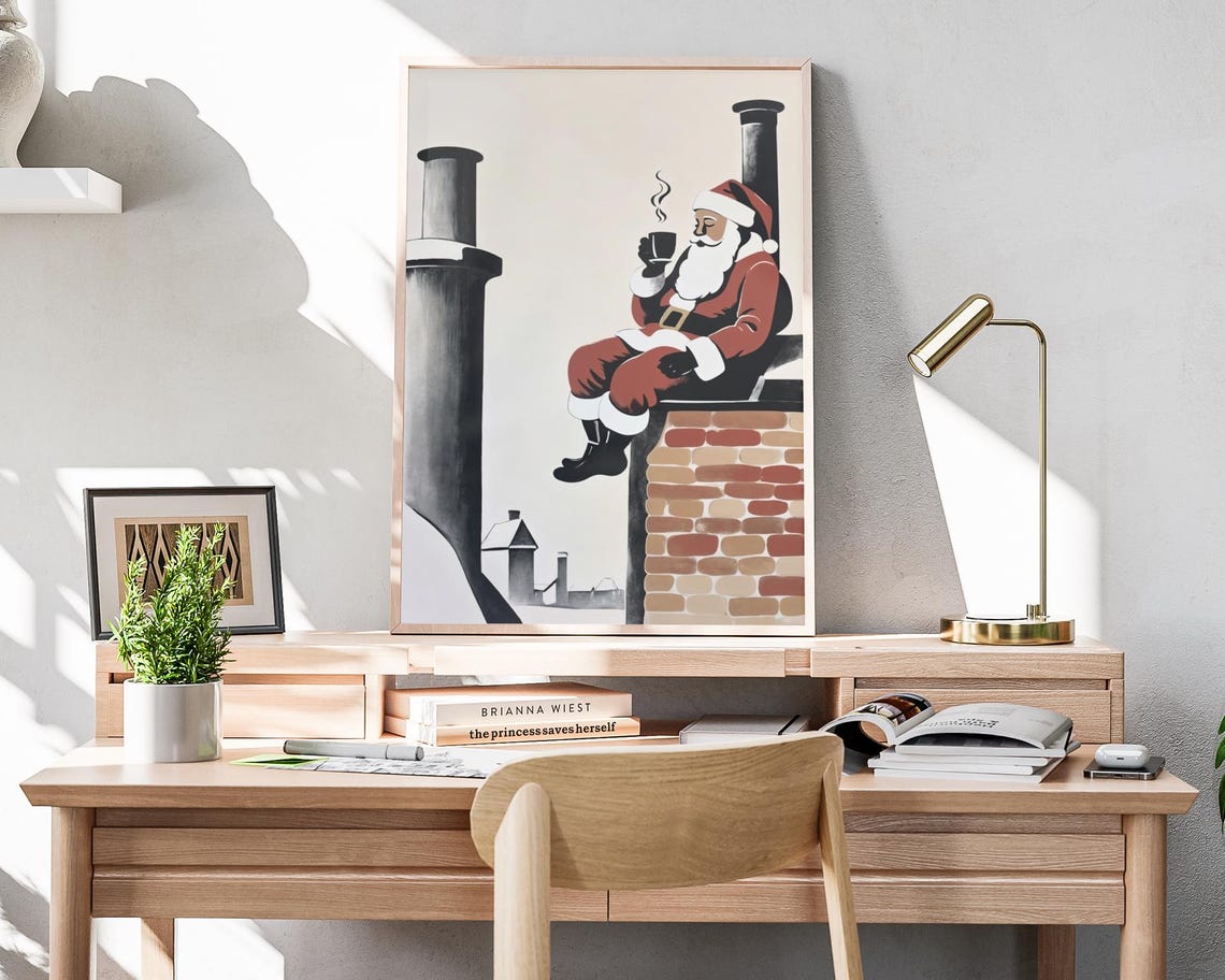 Santa Resting On Snowy Chimney Hot Cocoa Christmas Eve Poster - Image 4