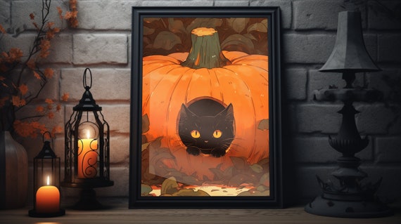 Halloween Cat Wall Art Fall Scene With Original Artwork Cute Black Cat And Pumpkin