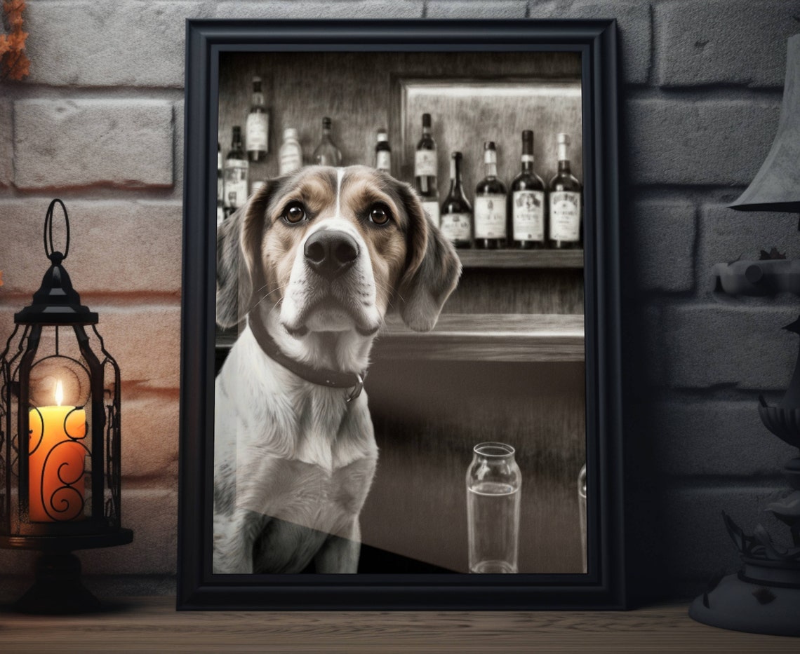 Beagle Dog Close Up Portrait At Bar Counter Black White Poster