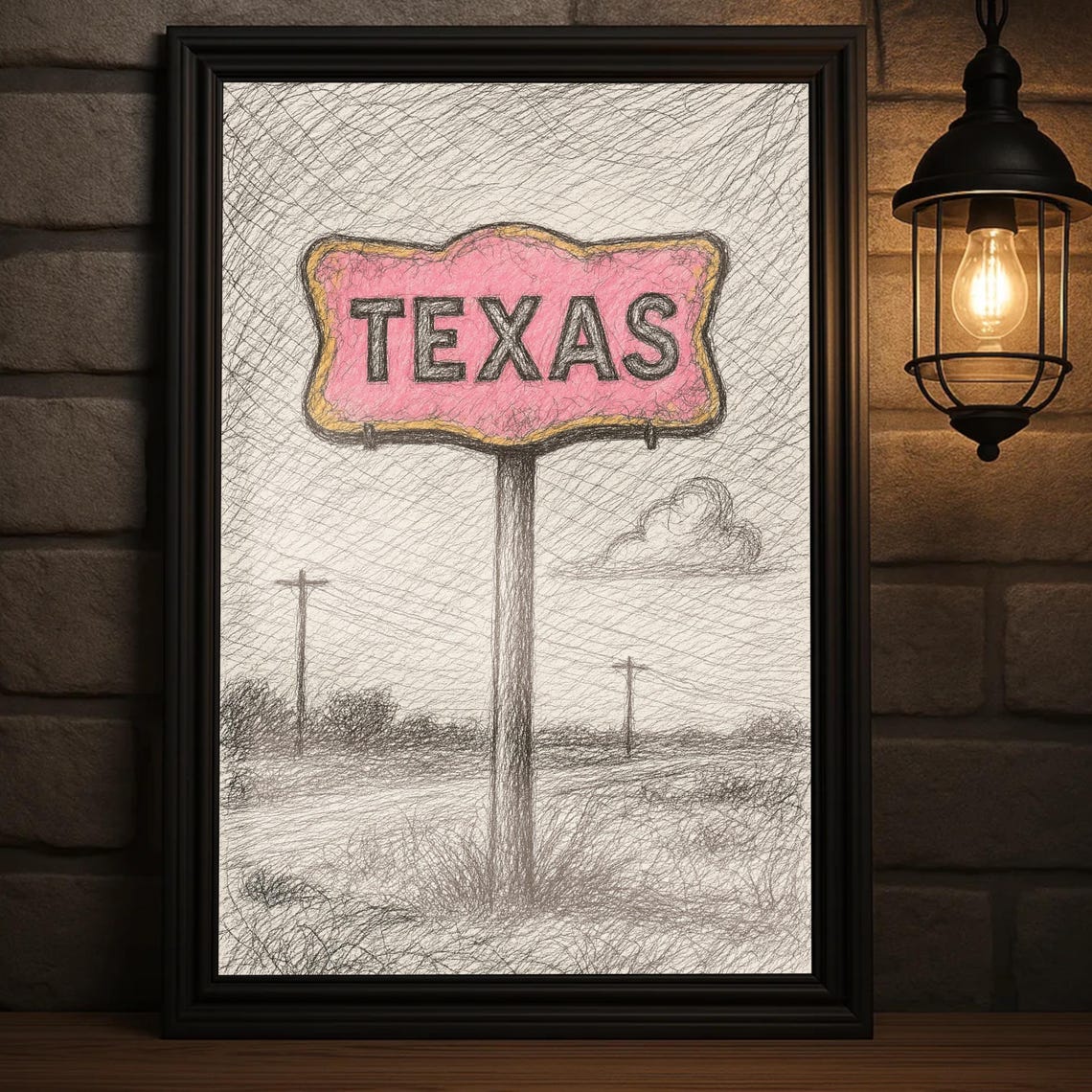 Pink Texas Highway Sign Hand Drawn Sketch Western Road Art Poster