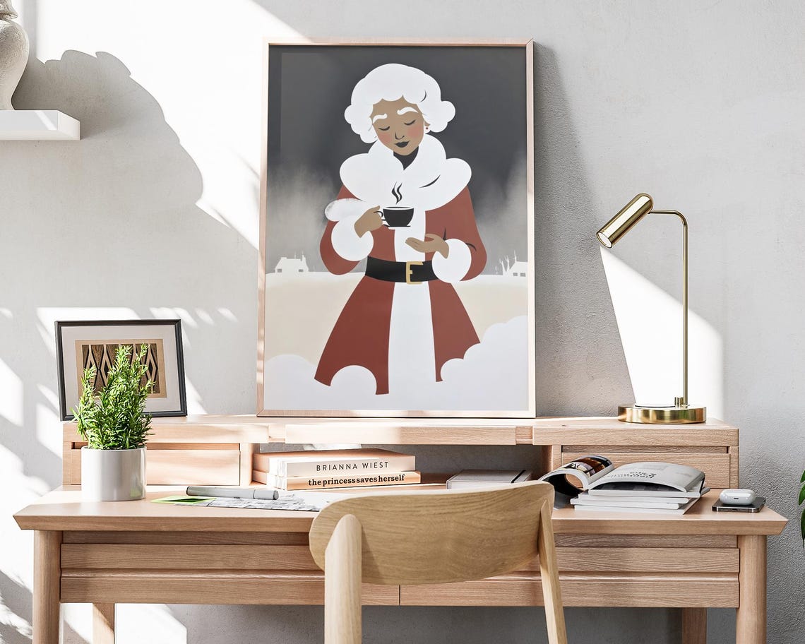 Mrs Claus Holding Hot Coffee Minimalist Cozy Christmas Art Print - Image 4