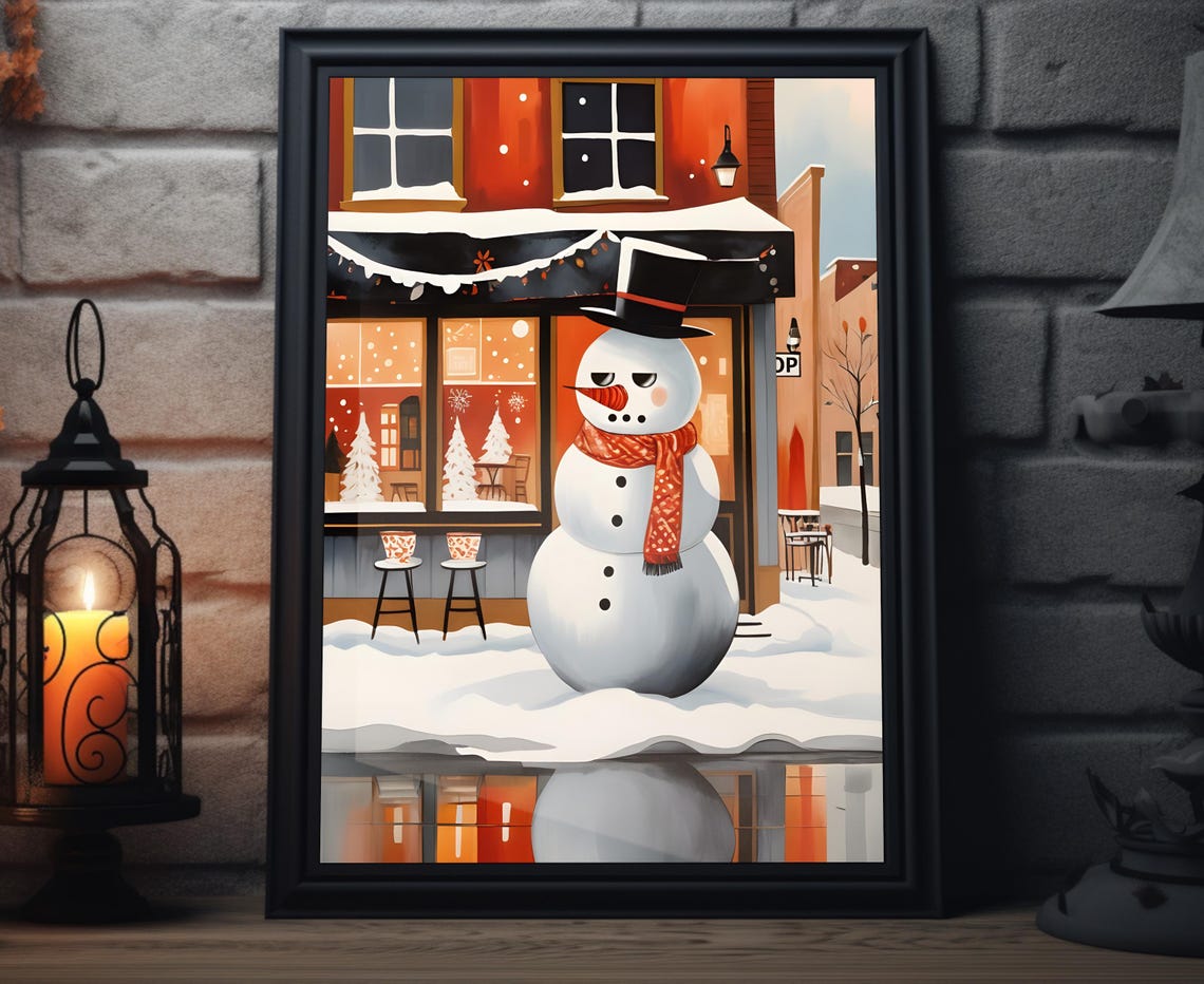Cute Snowman Snowy Cafe Street Night Christmas Folk Art Poster
