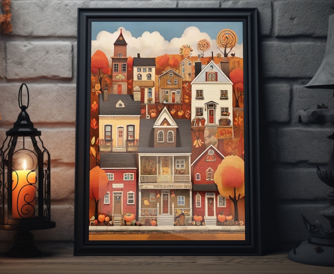 Fall Town Stacked Houses Pumpkin Storefronts Autumn Folk Poster