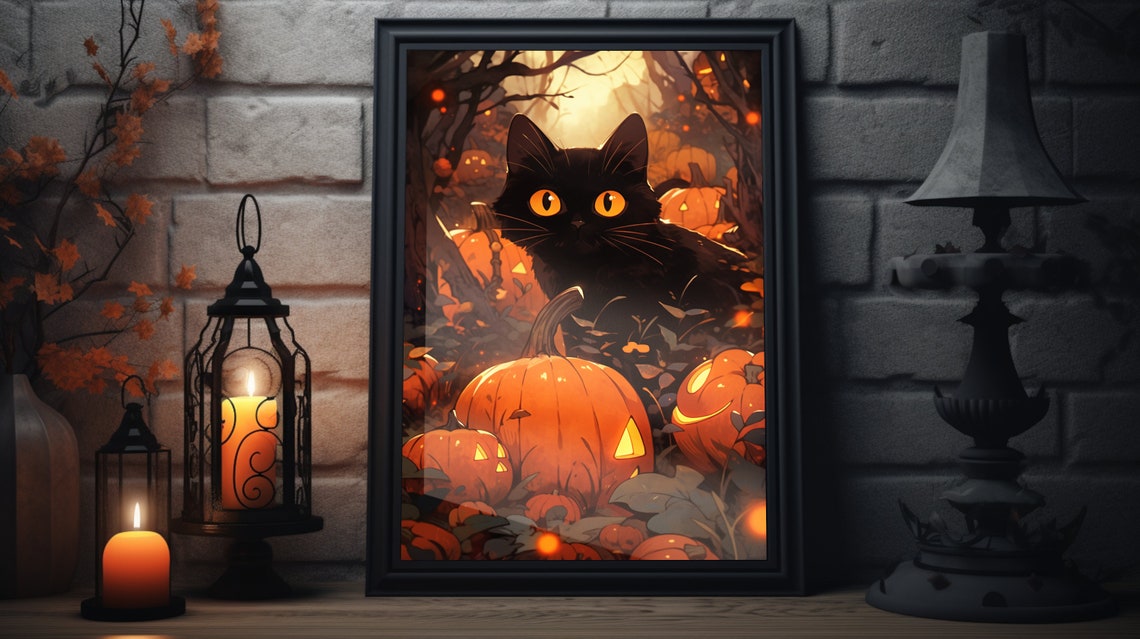 Halloween Cat Wall Art Adorable Black Cat Pumpkin And Fall Accents In A Cute Halloween Scene With Original Art