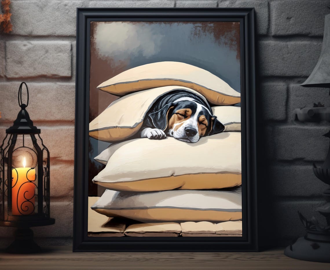 Sleeping Beagle Under Pillows Cozy Puppy Bedtime Wall Art Print