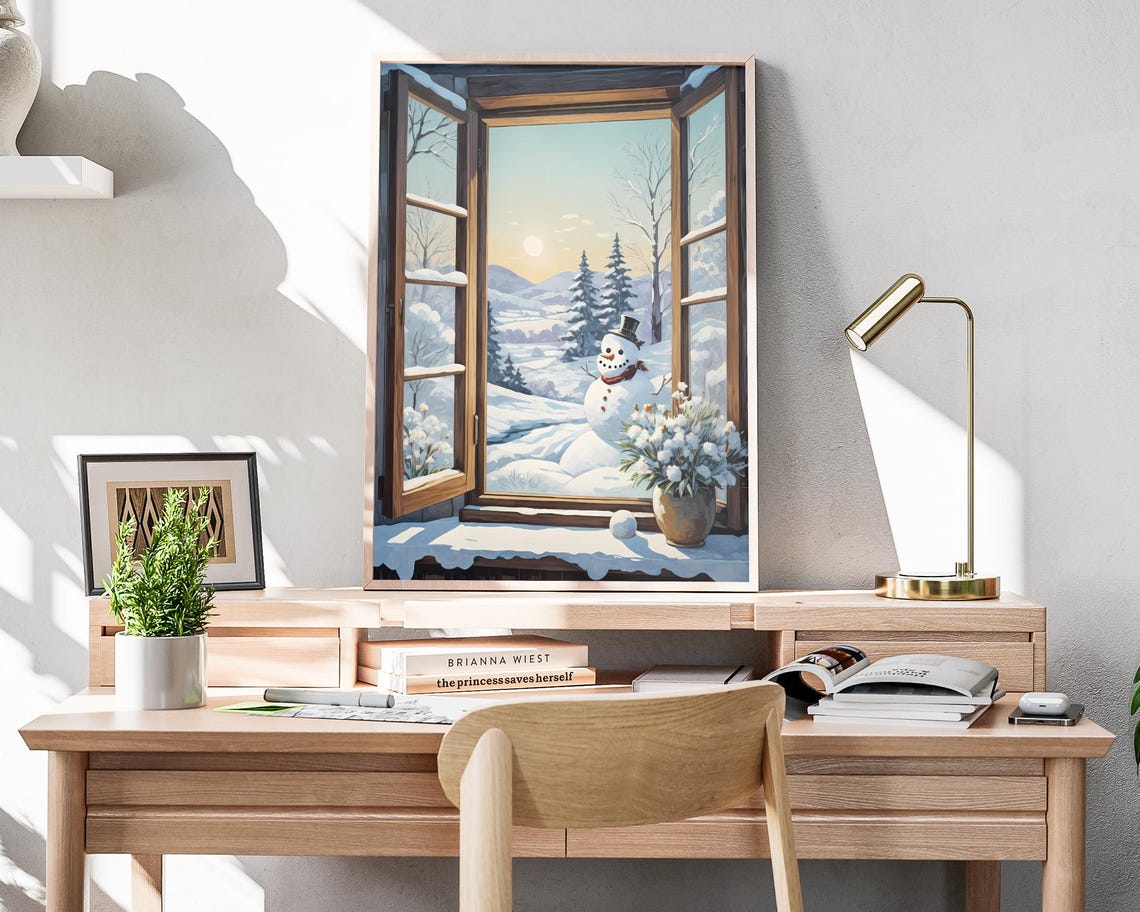 Cheerful Snowman Outside Open Window At Winter Sunset Art Poster - Image 4