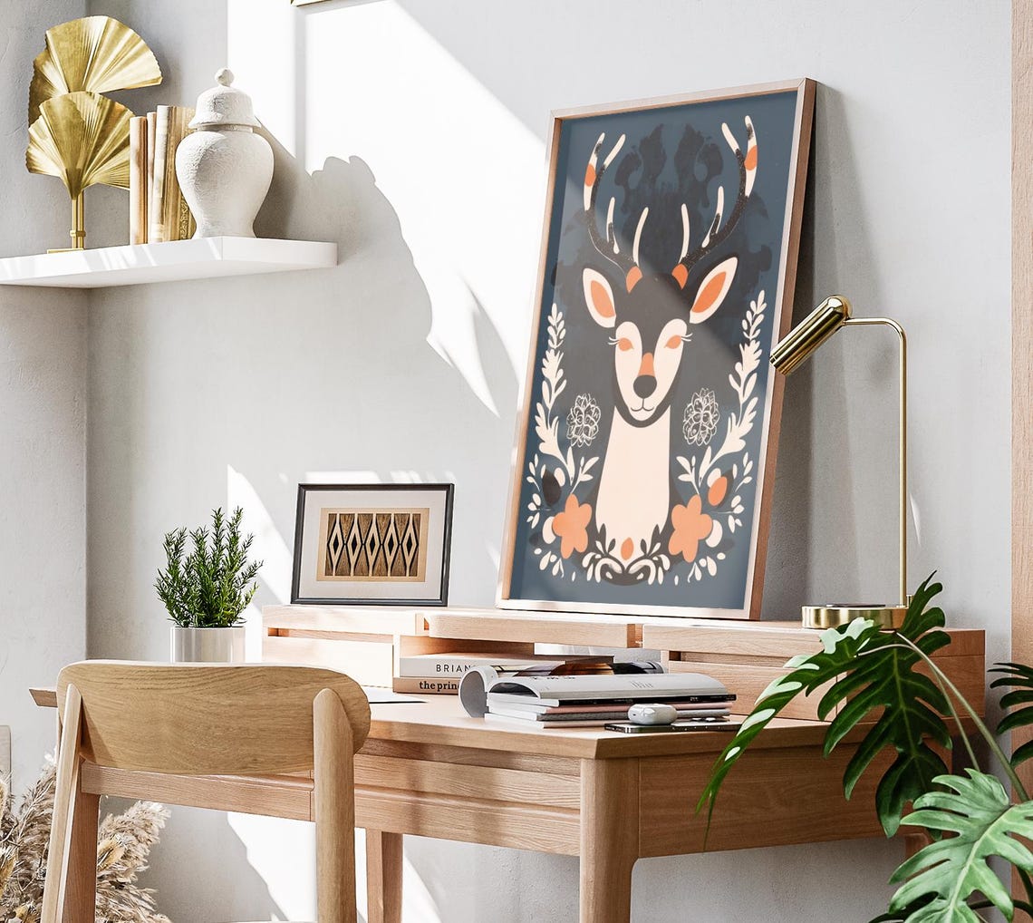 Elegant Boho Reindeer Head Floral Botanical Christmas Art Poster - Image 3