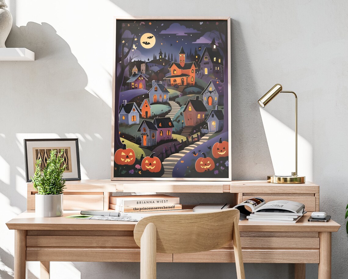 Spooky Halloween Village Night Purple Sky Pumpkins Folk Art Poster - Image 4