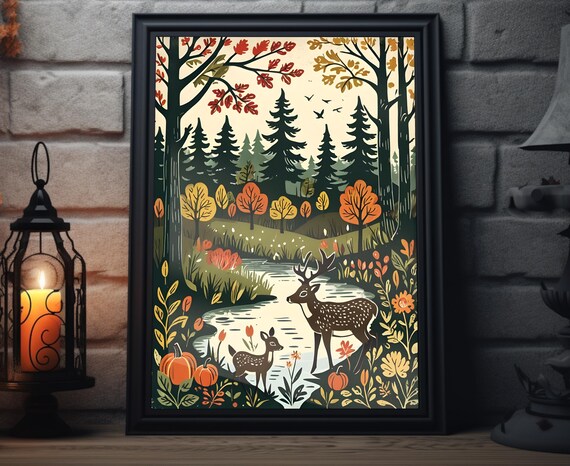 Deer Family Forest Stream Autumn Pumpkins Woodcut Fall Art Poster