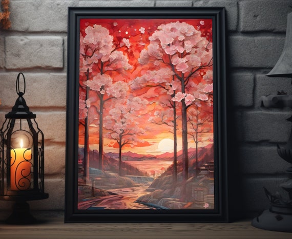 Japan Starry Sunset Matte Wall Art Japanese Scenic Artwork Cherry Blossom Print Tokyo Painting Japanese Decor Japan Folk Art Poster