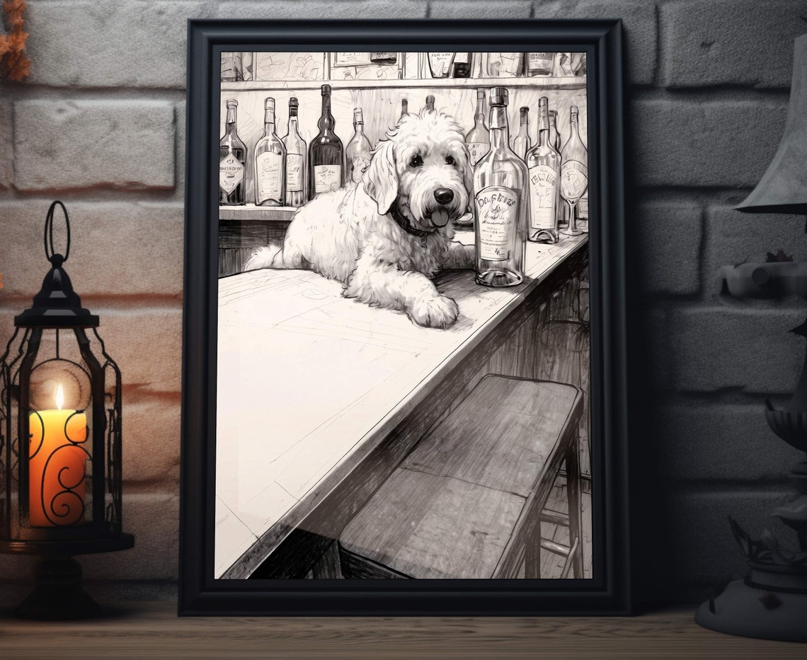 Shaggy Doodle Dog Lying On Bar Counter Black White Sketch Poster