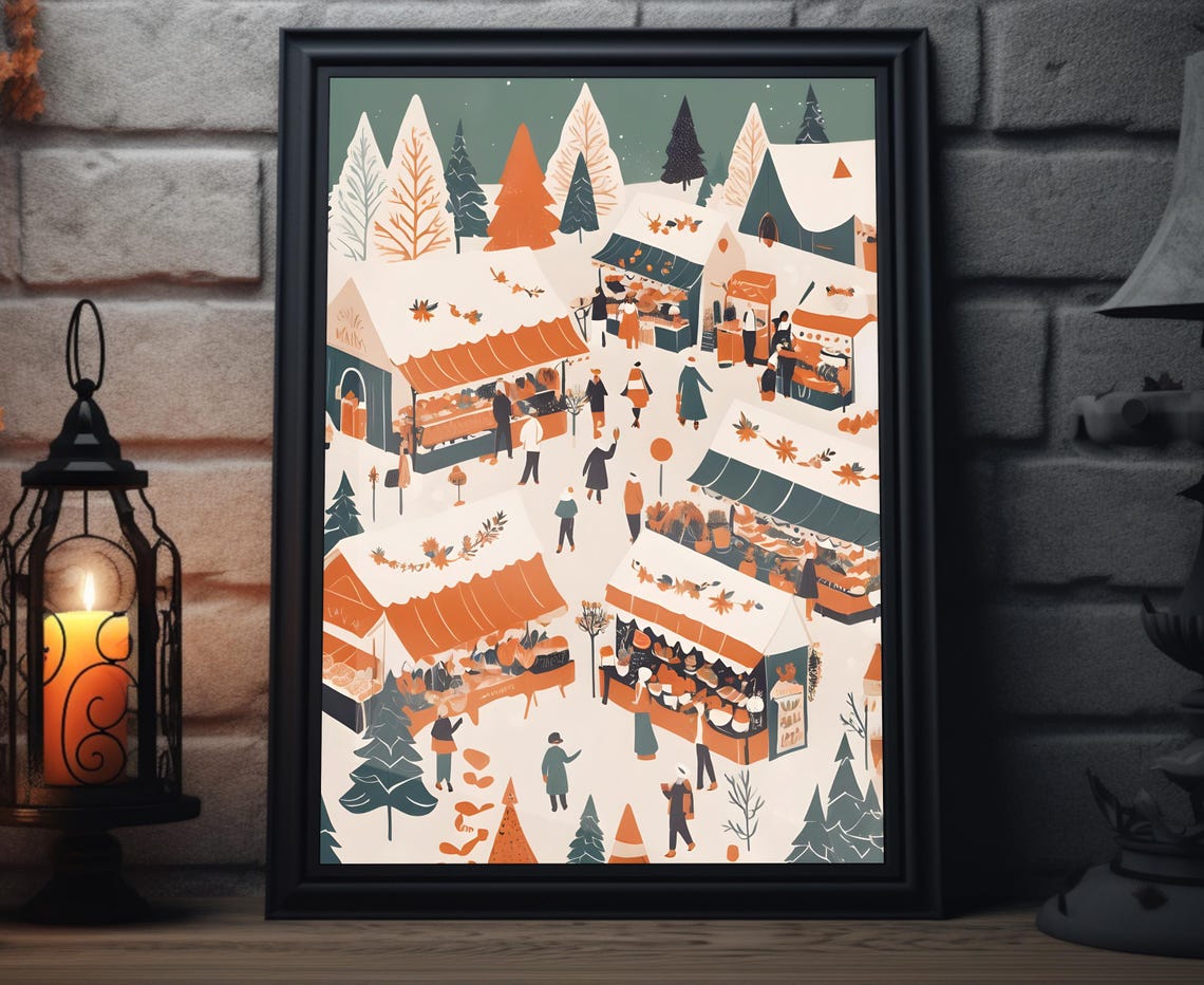 Boho Christmas Market Square Aerial View Snowy Stalls Holiday Poster