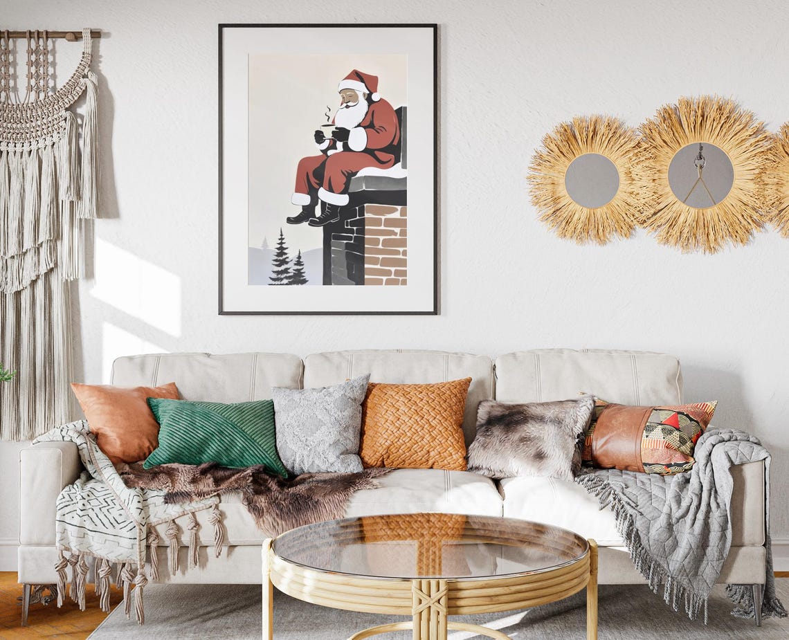 Minimalist Santa Claus Drinking Coffee On Chimney Christmas Art Print - Image 2