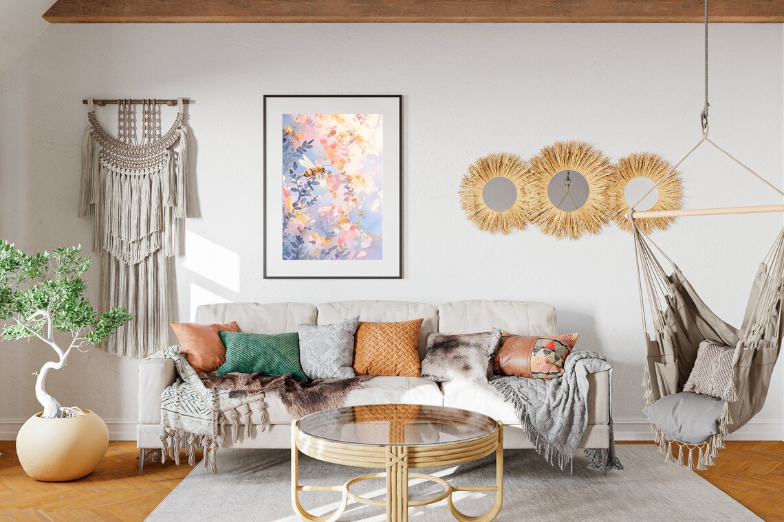 Honeybee Honeycomb Pastel Watercolor Purple Floral Botanical Garden Poster - Image 2