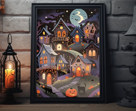 Haunted Halloween Village Black Cats Moon Pumpkins Art Poster