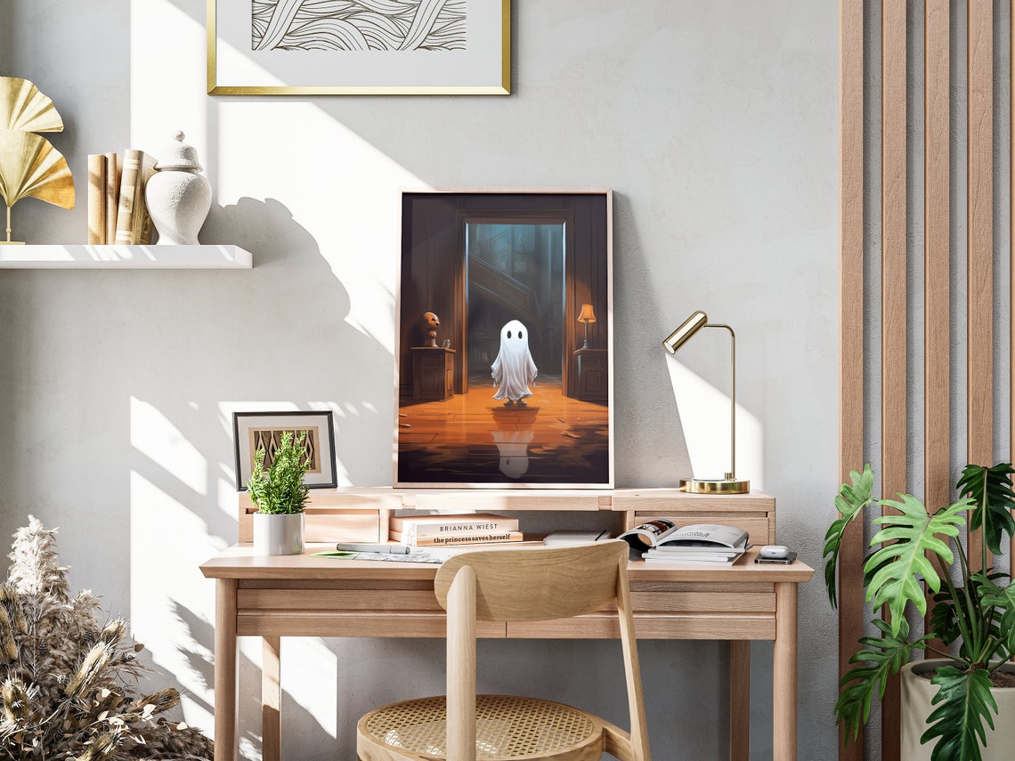 Cute Ghost Wandering Dark Mansion Hallway Halloween Spooky Wall Art - Image 4
