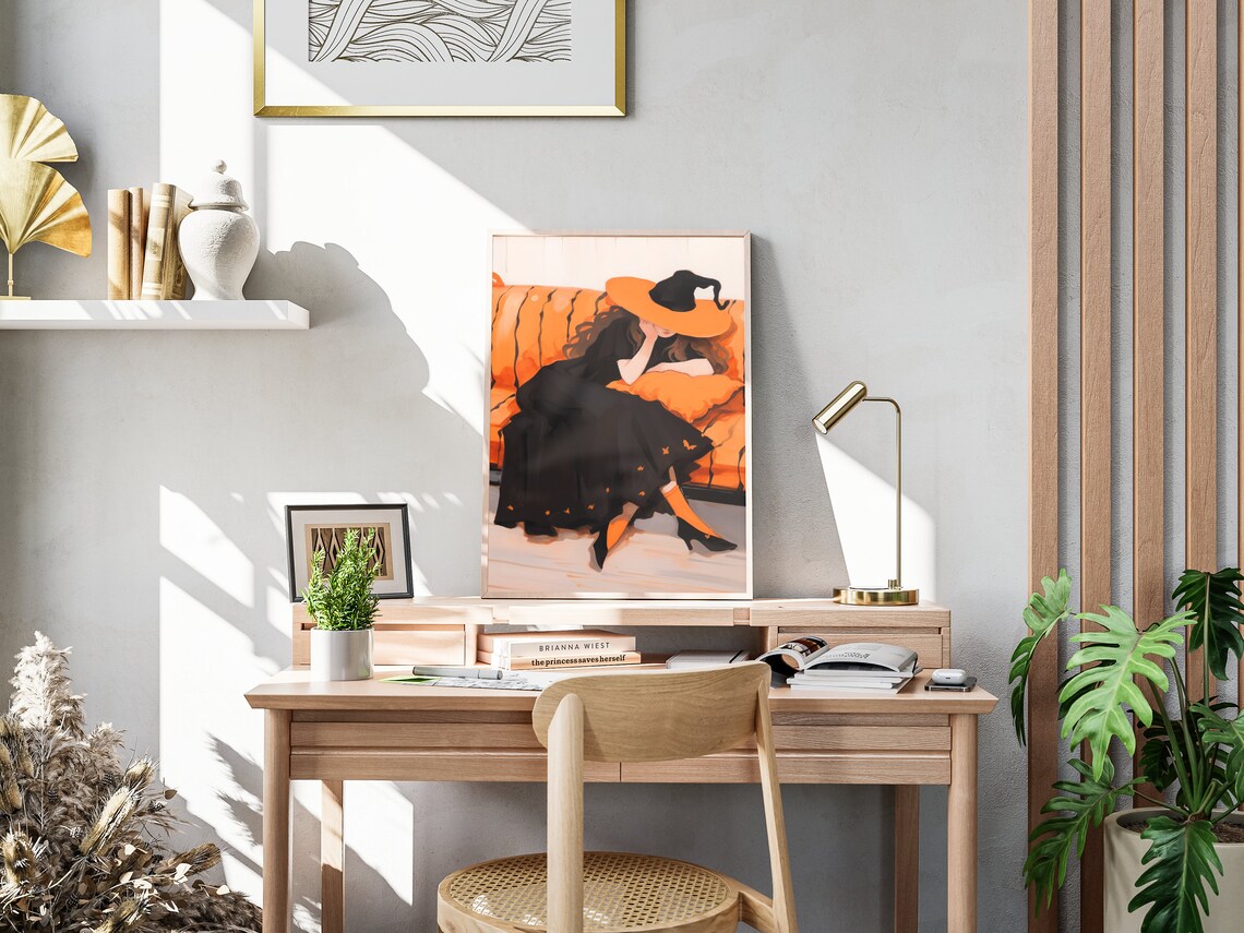 Witch Napping On Pumpkin Orange Couch Black Dress Spooky Season Art Poster - Image 4