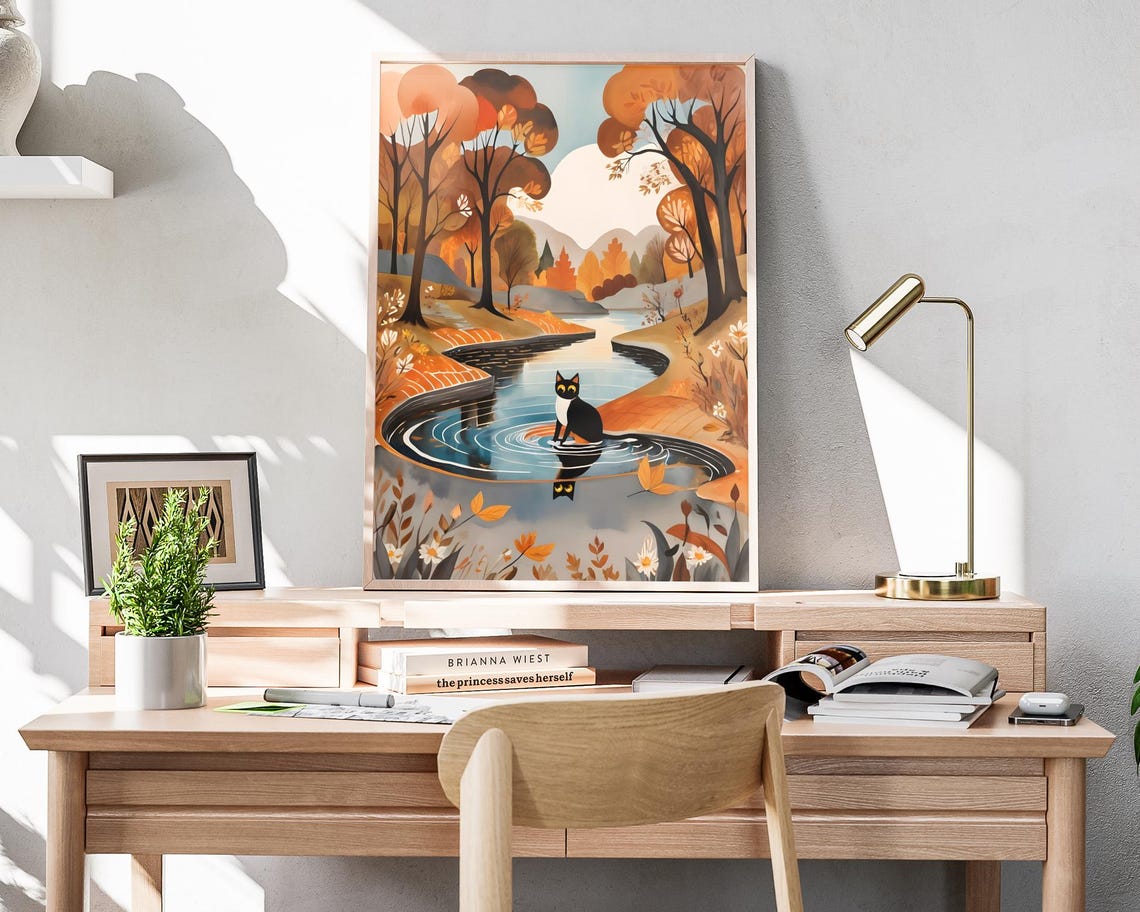 Black White Cat Pond Reflection Autumn Woods Folk Art Poster - Image 4