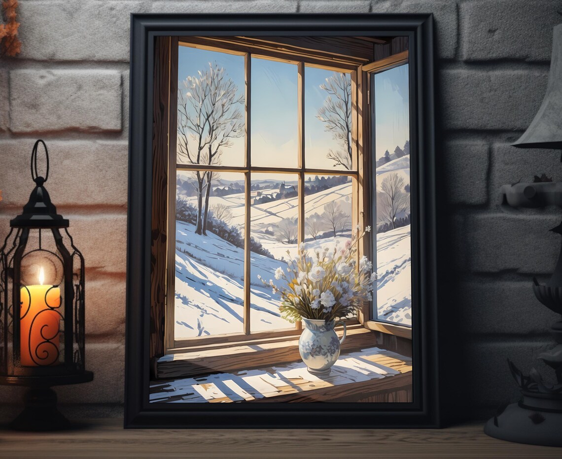 Sunlit Snowy Countryside Seen From Open Window Winter Wall Art Poster