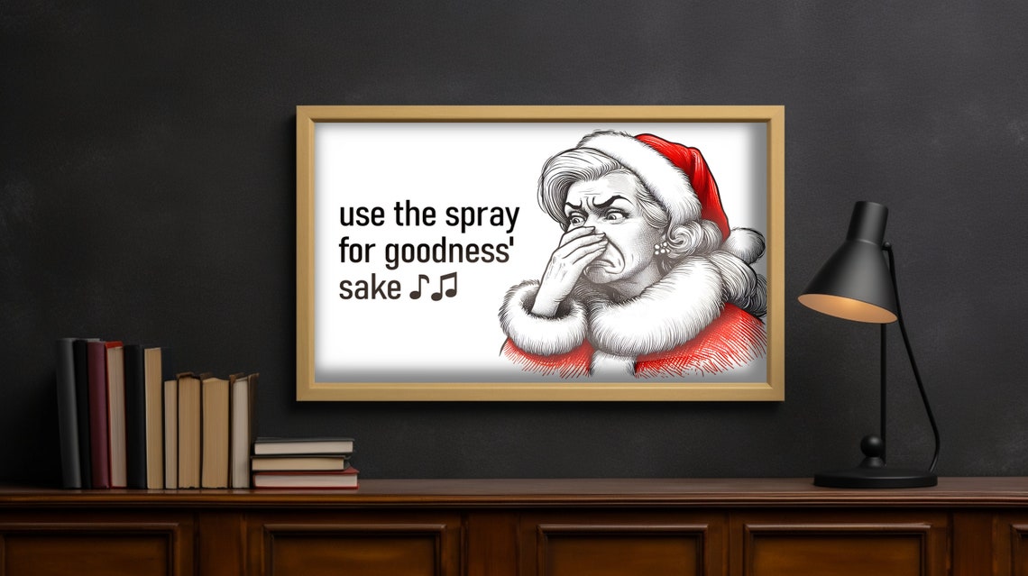 Funny Bathroom Humor Poster Mrs Claus Use the Spray for Goodness Sake - Image 2