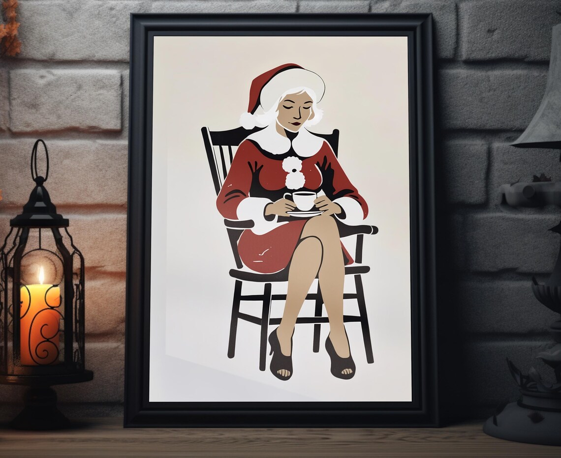 Mrs Claus Rocking Chair Tea Minimalist Christmas Wall Art Poster
