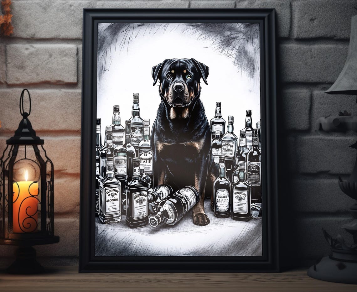 Rottweiler Sitting Among Whiskey Bottles Black White Sketch Poster