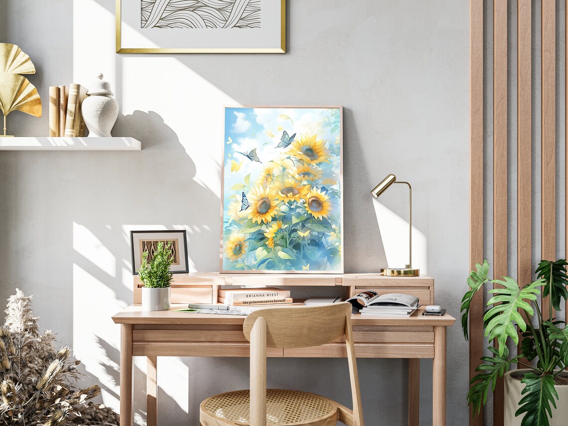 Sunflowers Blue Butterflies Watercolor Pale Sky Bright Floral Meadow Poster - Image 4