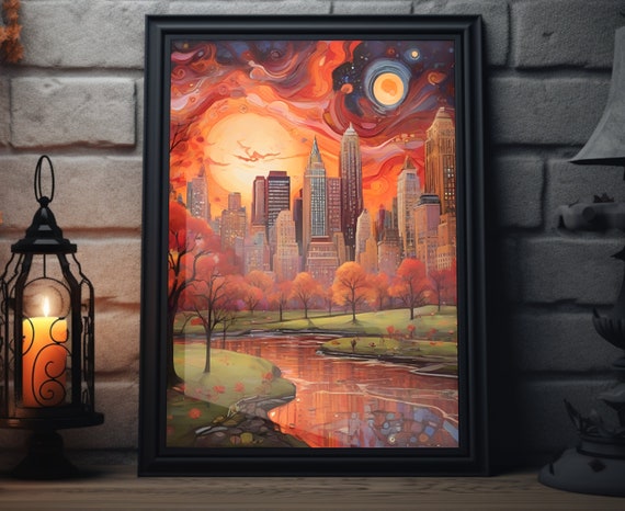 New York Starry Sunset Matte Wall Art New York City Artwork Central Park Print New York Painting Nyc Decor New York Folk Art Poster
