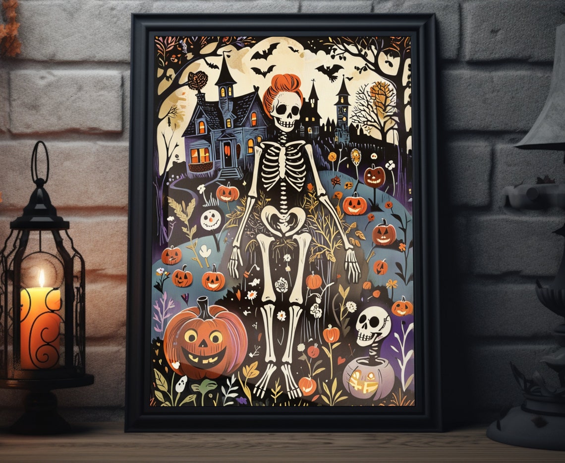 Halloween Skeleton Lady Pumpkins Haunted House Folk Art Poster