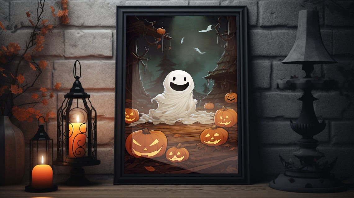 Cute Ghost Halloween Scene Wall Art Unframed Poster Original And Adorable For Spooky Decor