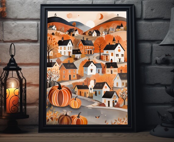 Fall Town Folk Art Pumpkin Hills Village Autumn Houses Harvest Scene Poster