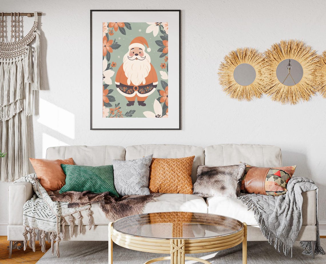 Boho Santa Claus Orange Suit Floral Border Christmas Holiday Poster - Image 2