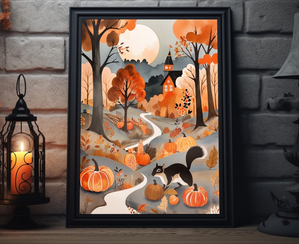 Fall Squirrel Folk Art Pumpkins Forest Path Full Moon Church Village Poster