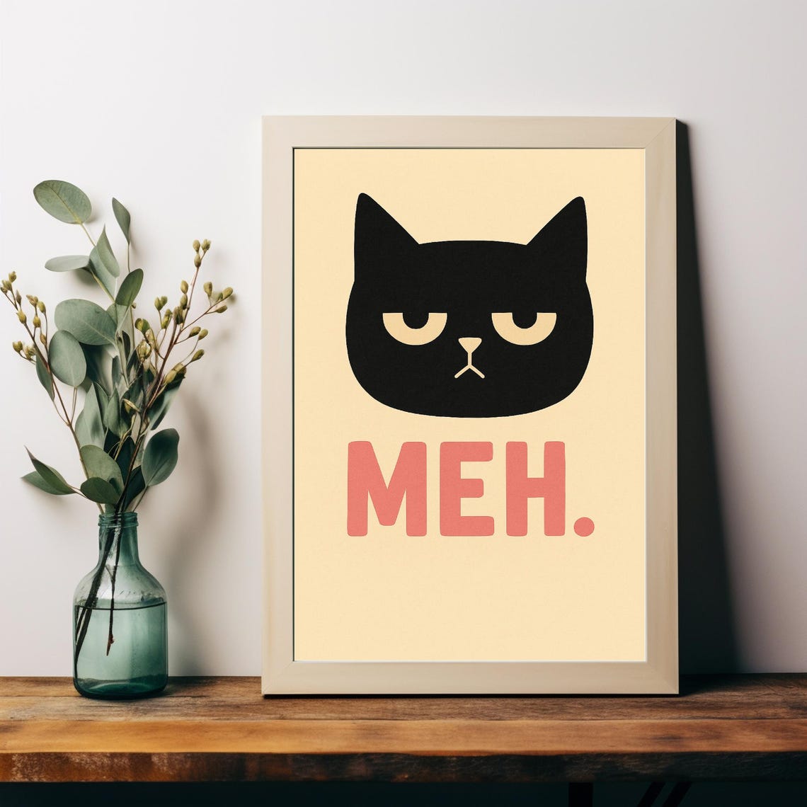 Meh Funny Grumpy Black Cat Face Cartoon Minimalist Art Poster - Image 3