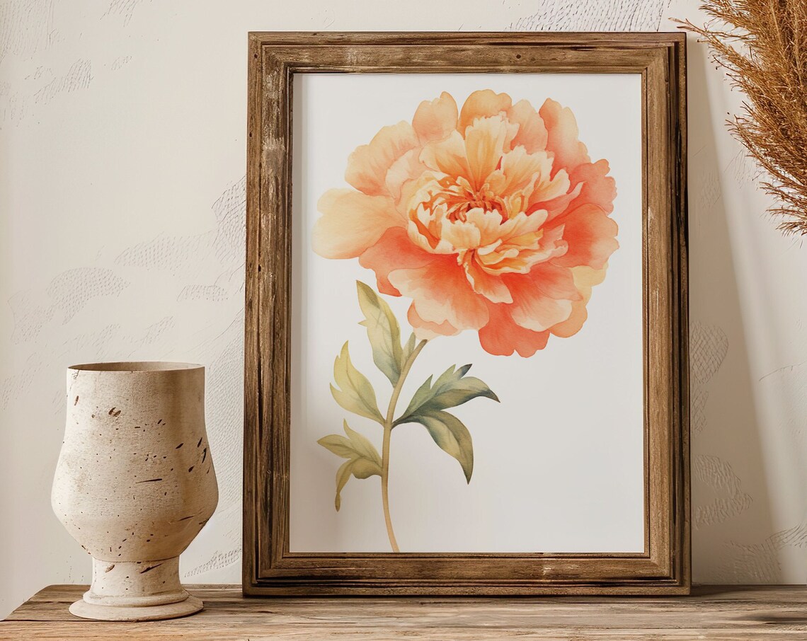 Peach Orange Peony Lush Bloom Watercolor Detailed Floral Art Poster