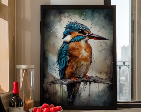 Sitting Kingfisher Painting Wall Art Poster Gift Watercolor Colorful Animal Painting Illustration Nature Wall Art Home Decor