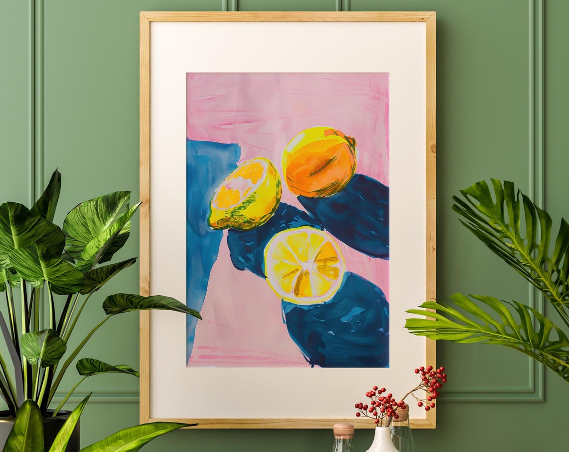 Lemon Citrus Watercolor Still Life Pink Blue Bold Kitchen Art Poster - Image 5
