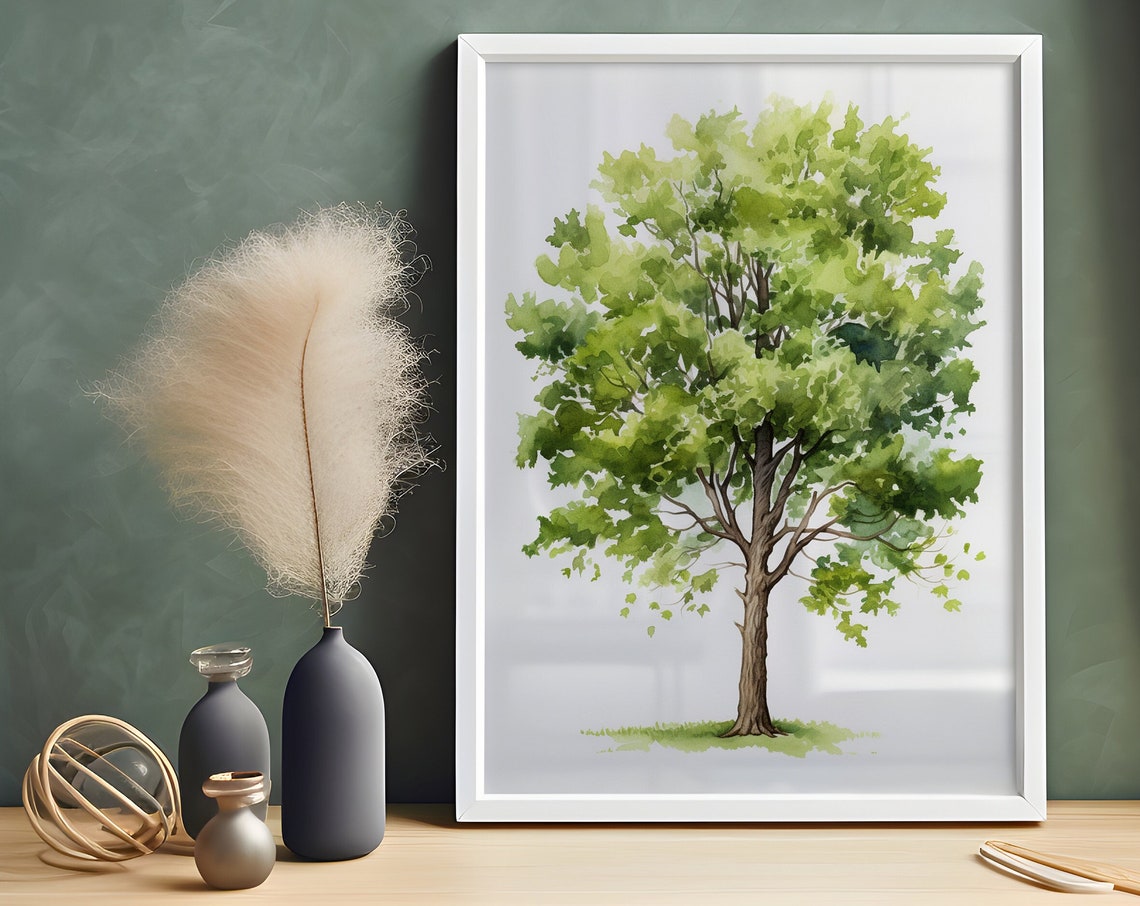 Leafy Green Oak Tree Watercolor Botanical Nature Scene Poster - Image 5