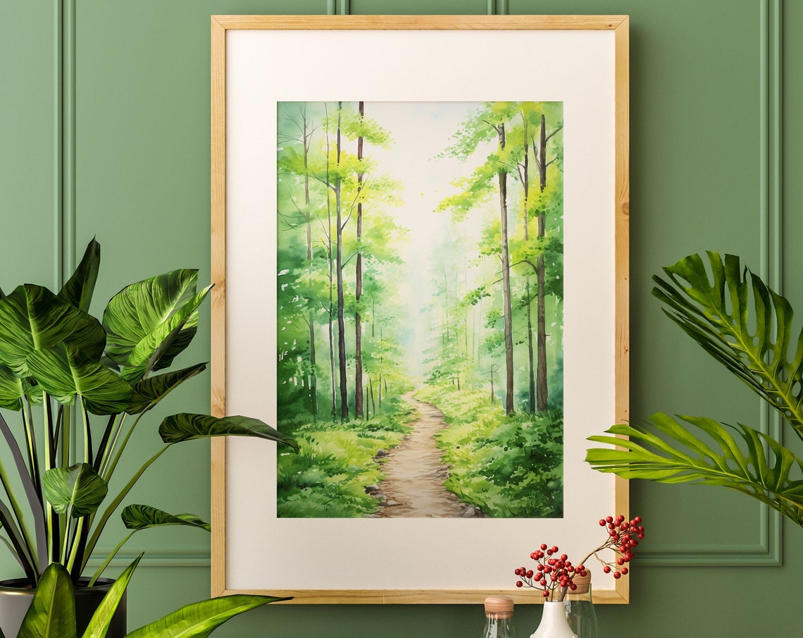 Sunlit Green Forest Path Bright Watercolor Lush Woodland Art Poster