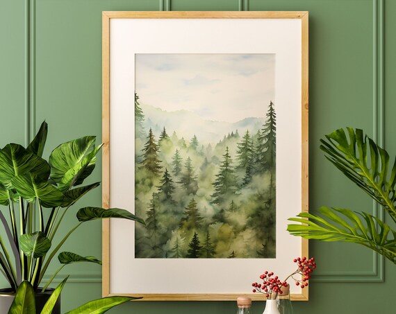 Misty Green Valley Pine Forest Watercolor Painting Poster for Peaceful Homes