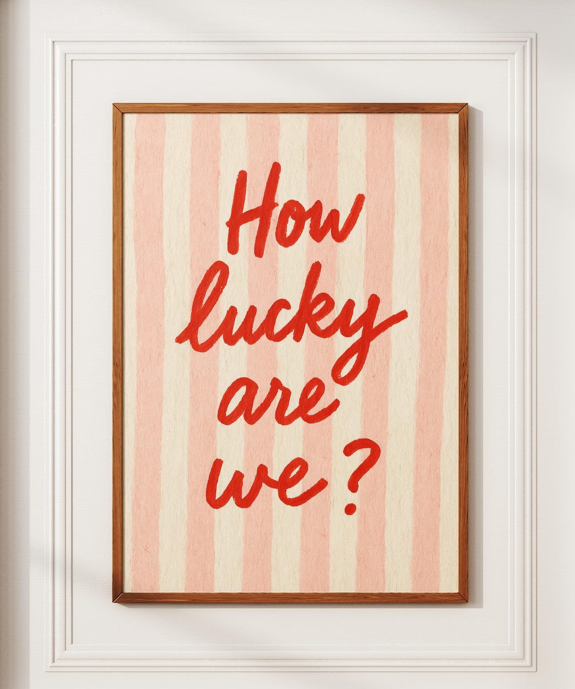 How Lucky Are We Red Script Pink Striped Gratitude Quote Wall Art
