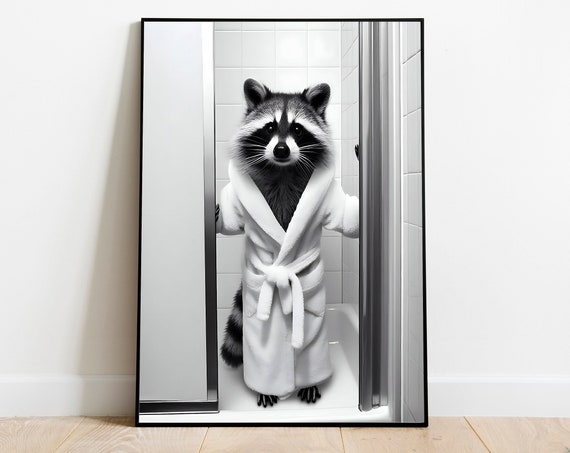 Cute Raccoon In Bathrobe, Funny Kids Bathroom Poster